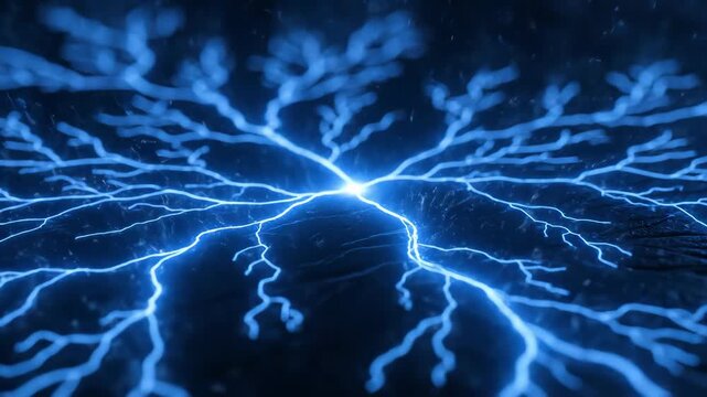 Abstract electric pulse of blue energy strikes a dark surface. A growing network of lightning bolts spreads outwards. Technology and power concept animation