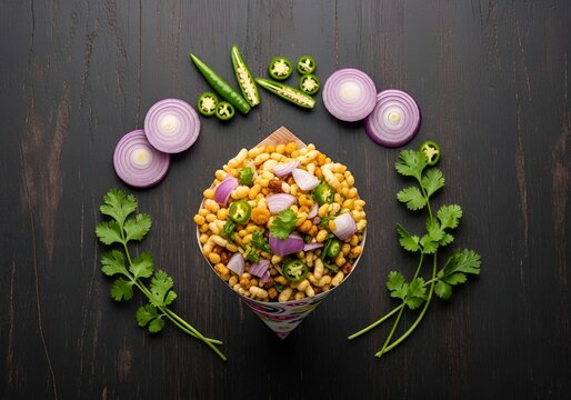 Traditional indian bhel puri snack served with fresh garnishes