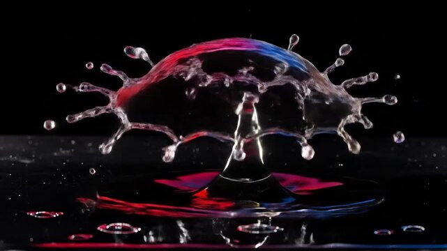 Water splash explosion with red and blue light, liquid drops colliding on a dark surface