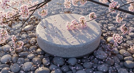 Tranquil zen garden with cherry blossoms and smooth stones