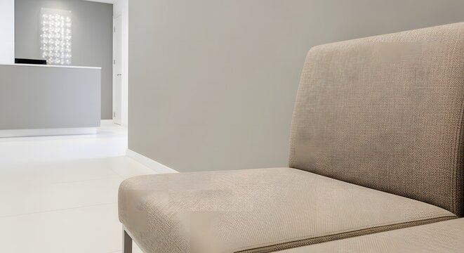 Modern office waiting room interior with neutral tones and comfo