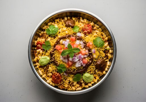 Top view of savory indian bhel puri chaat served in metal bowl
