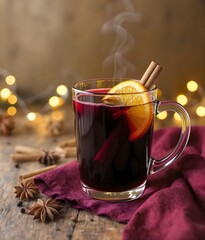 Cozy Christmas Mulled Wine in Clear Glass Mug with Spices and Bokeh Lights 