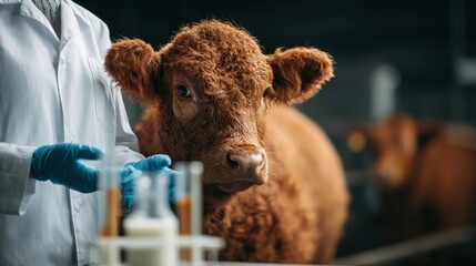 A scientist in a lab coat examines a cow, showcasing the intersection of agriculture and veterinary science, highlighting animal care and research.