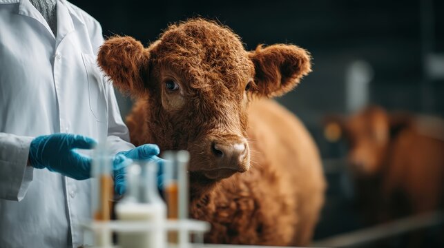 A scientist in a lab coat examines a cow, showcasing the intersection of agriculture and veterinary science, highlighting animal care and research.