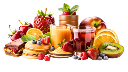 Delicious and vibrant fruit desserts and juice arrangement perfect for healthy living promotions, or recipe blogs, showcasing nature's healthy treats