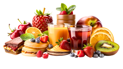 Delicious and vibrant fruit desserts and juice arrangement perfect for healthy living promotions, or recipe blogs, showcasing nature's healthy treats
