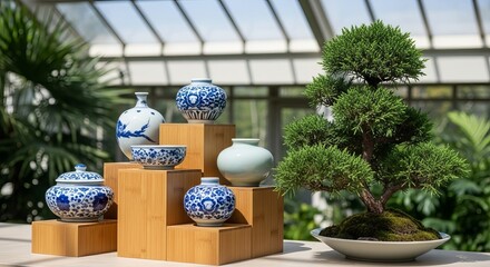 Bonsai tree and decorative porcelain vases in greenhouse setting
