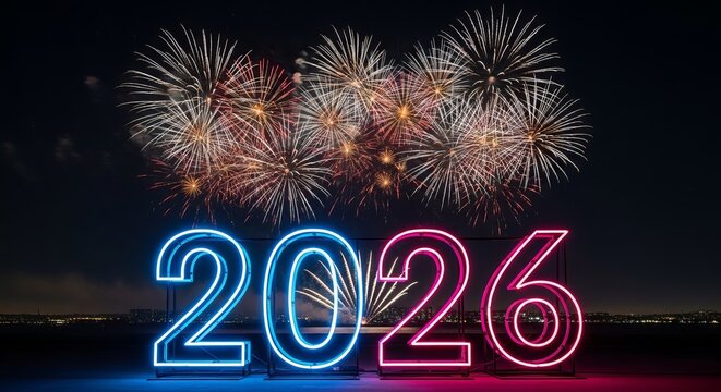 Bright neon 2026 numbers illuminated against festive fireworks display