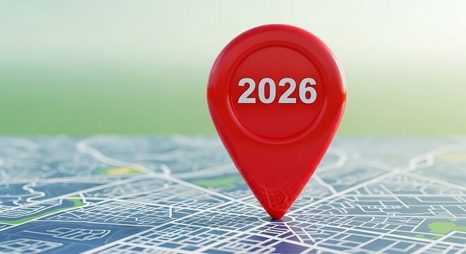 Red map pin showing the year 2026 prominently placed on a digital city map, symbolizing future goals, planning, and destination targeting.