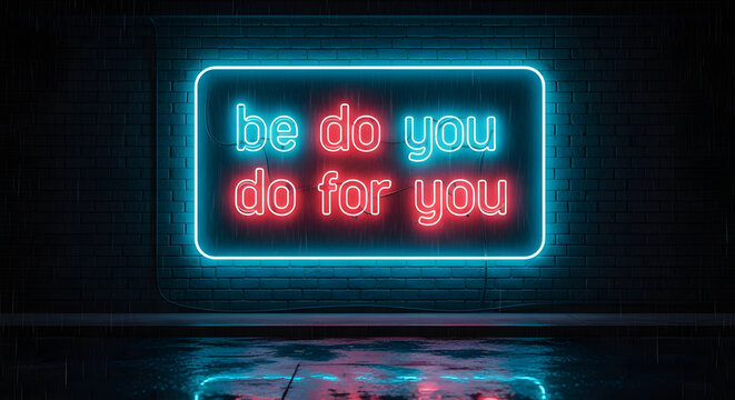 Neon sign with inspirational message be do you do for you against a brick wall background