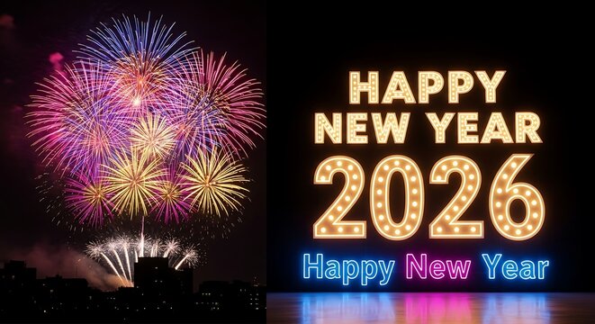 Colorful fireworks burst over a city skyline at night, celebrating happy new year 2026, complemented by illuminated marquee text.