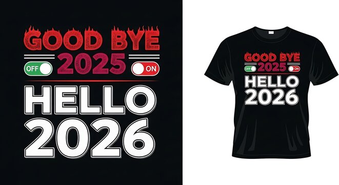 Good bye 2025 hello 2026" new year's eve celebration graphic design featuring stylish typography, toggle switches, and a fiery texture. - Powered by Adobe