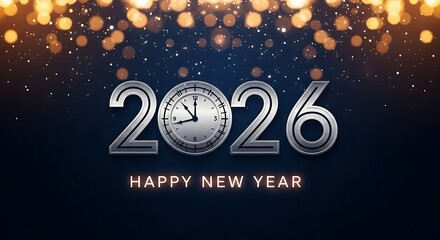 Happy new year 2026 with a stylish silver clock design and festive golden bokeh lights, symbolizing new beginnings and celebration time.