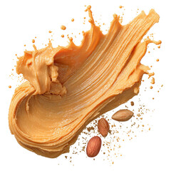 Smooth peanut butter spread on surface concept. Creamy peanut butter spread with almonds on a white background.