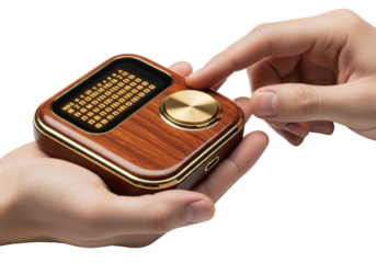 Extreme close-up of adult hands cradling a vintage mahogany and brass device with glowing amber pixels, thumb hovering over navigation pad, against white background. Digital nostalgia concept