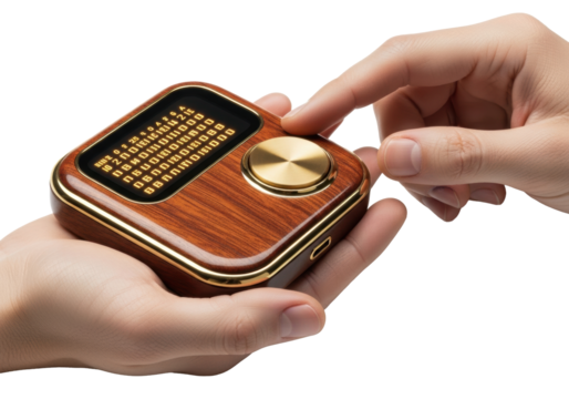Extreme close-up of adult hands cradling a vintage mahogany and brass device with glowing amber pixels, thumb hovering over navigation pad, against white background. Digital nostalgia concept