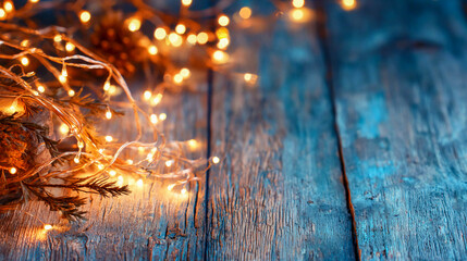 A romantic and cozy New Year's background that creates a festive and warm atmosphere. A garland with many small, warm lights on a wooden surface.
