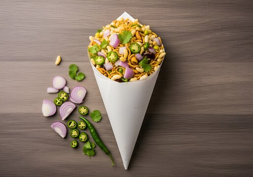Traditional indian bhel puri snack cone with fresh onion and chili