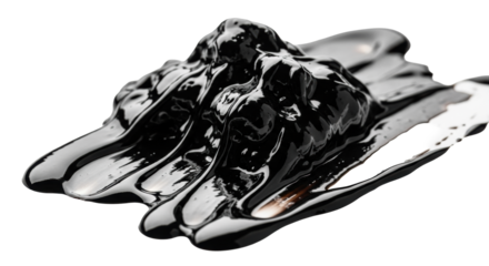 Ultra-macro, viscous, glossy black tar residue, clumps and drips on a stark white background, dramatic lighting, sharp focus, industrial pollution concept.