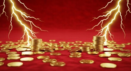 Golden coins scattered with dramatic lightning strikes on red background