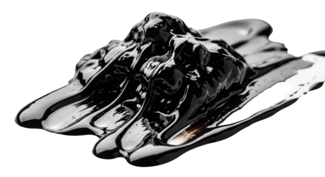 Ultra-macro, viscous, glossy black tar residue, clumps and drips on a stark white background, dramatic lighting, sharp focus, industrial pollution concept.