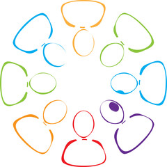 Abstract circle of diverse people figures in colorful outline representing community connection and unity with a purple center element and transparent background