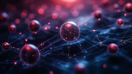 A network of spheres connected by glowing lines on a dark background. In the center is a large sphere that reflects complex patterns of light, creating a sense of an energy network .