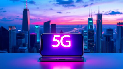 Stunning cityscape at dusk showcases a smartphone displaying vibrant 5G technology, symbolizing future connectivity and modern urban life.