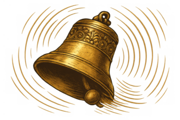 Golden ringing bell creating sound waves, representing notification, alarm, caution, alert, reminder, or important announcement