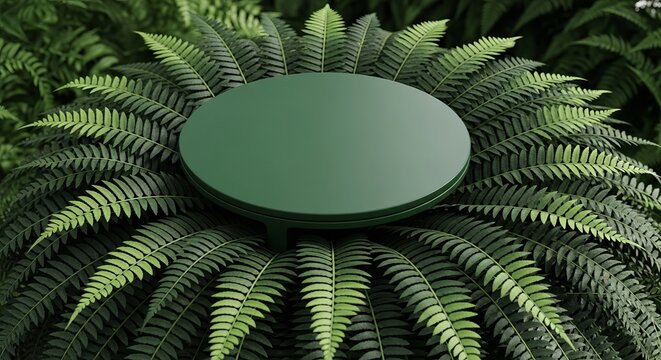 Green circle platform surrounded by lush fern fronds - Powered by Adobe