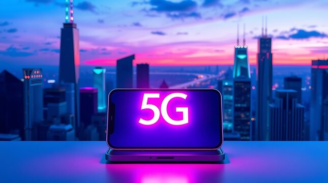Stunning cityscape at dusk showcases a smartphone displaying vibrant 5G technology, symbolizing future connectivity and modern urban life.