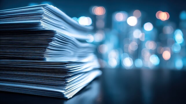 A close-up of stacked papers with a blurred, colorful background, conveying a sense of organization and professionalism in a modern setting.