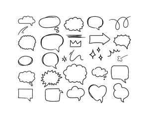Speech Bubbles and Thought Clouds Doodle Set. Hand Drawn Comic Balloons and Chat Elements