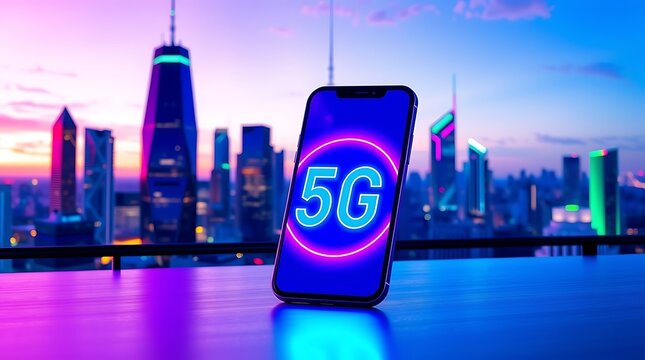 Stunning 5G smartphone glowing with neon energy against a vibrant, futuristic city skyline at twilight, symbolizing connectivity and innovation