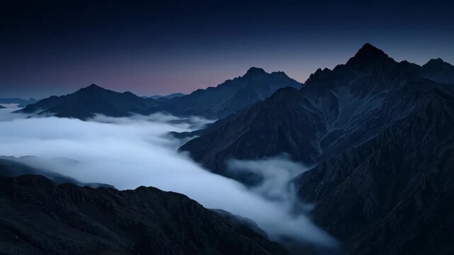 Vertical video of fog rolling through a dark mountain valley. Time-lapse of clouds flowing between jagged peaks at twilight. Moody and atmospheric nature landscape animation