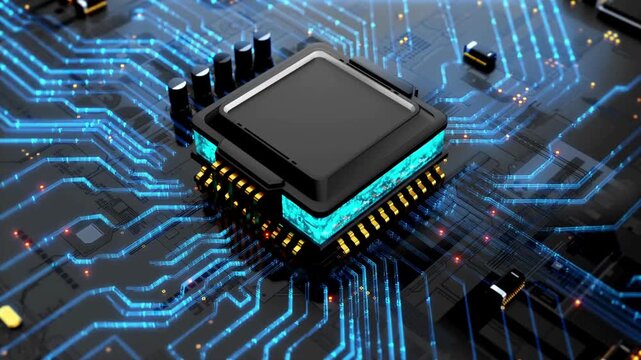 animation of High technology circuit board with glowing blue lines. flat microelectronics circuits board. Artificial intelligence data computing chip.