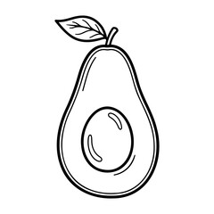 Vector illustration of a halved avocado with a pit and a leaf on top in black and white outline