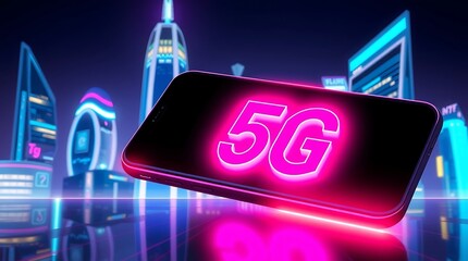 Experience the future of connectivity with stunning 5G technology illuminating a vibrant, futuristic cityscape with a sleek smartphone.