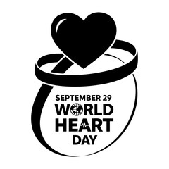 Vector world heart day september twenty ninth logo with heart globe and ribbon in black and white theme