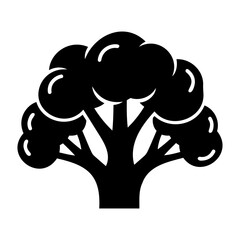 Vector illustration of a black silhouette of a broccoli with a thick stem and florets on top isolated