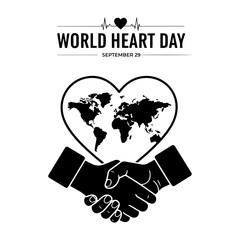 Vector world heart day graphic featuring a heart shaped world map and a handshake in black and white