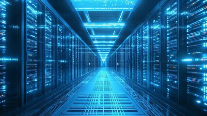 Server racks lining glowing data center hallway