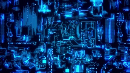 Hi tech digital circuit board with electrical lines connected on blue lighting. An animation of a computer circuit board with glowing neon blue lights. - Powered by Adobe