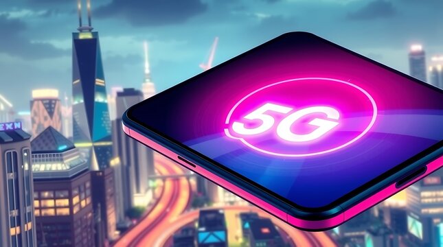 Experience the future of connectivity with a vibrant 5G smartphone overlaying a dynamic cityscape, symbolizing rapid communication and urban innovation.