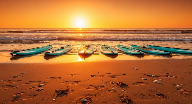 Row of kayaks on a sandy beach at sunset with ocean waves