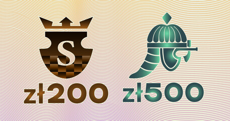 Vector set of Polish monetary symbols. Hologram collection. 200 and 500 zloty denominations. Shield, crown and helmet of ancient warrior. Poland and finance