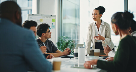 Woman, presentation and group at office meeting, talk and review with documents at finance company. Person, speaker and paperwork with team, feedback and planning for strategy at investment agency
