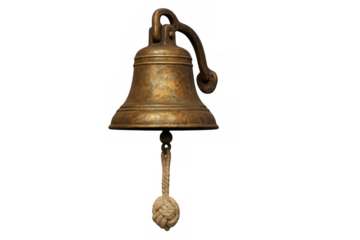 Antique brass ship's bell hanging on mount, rope attached to clapper, nautical maritime equipment