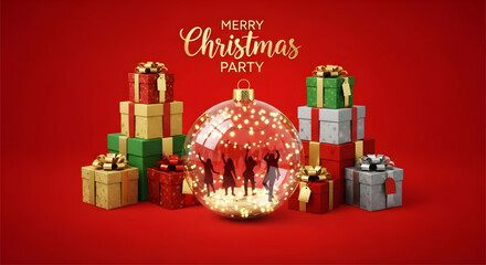 Merry christmas party scene with gift boxes and dancing silhouettes in ornament on red